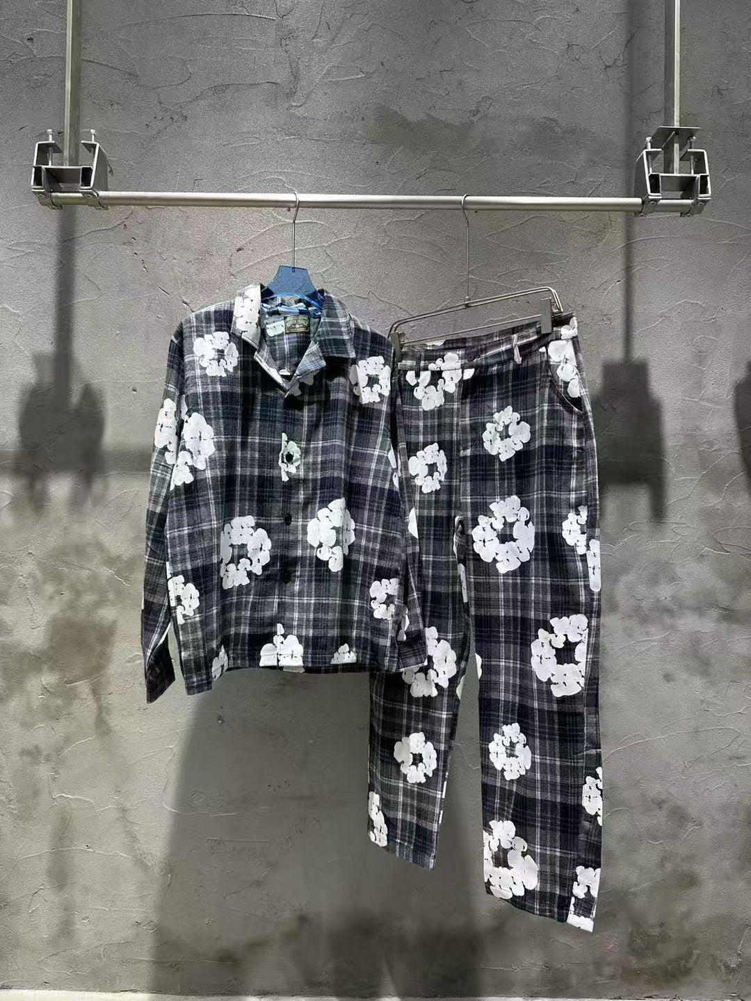 Kapok flower foam print plaid shirt set