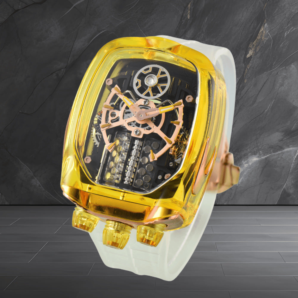 W16 Engine-Style Watch with Sparkling Transparent Crystal Case