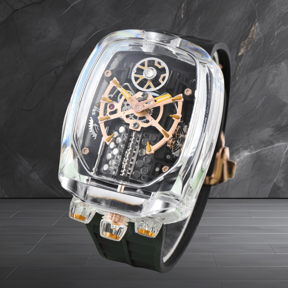 W16 Engine-Style Watch with Sparkling Transparent Crystal Case