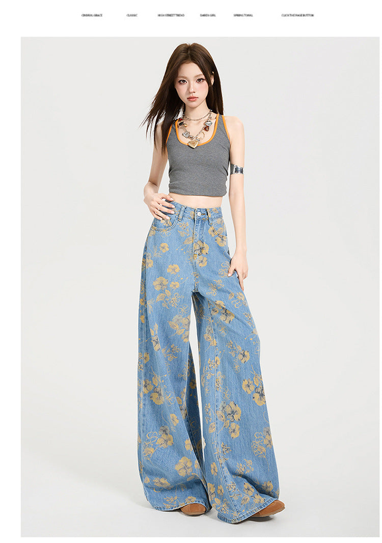 Y2K Floral Print Loose-Fit Flared Denim Trousers