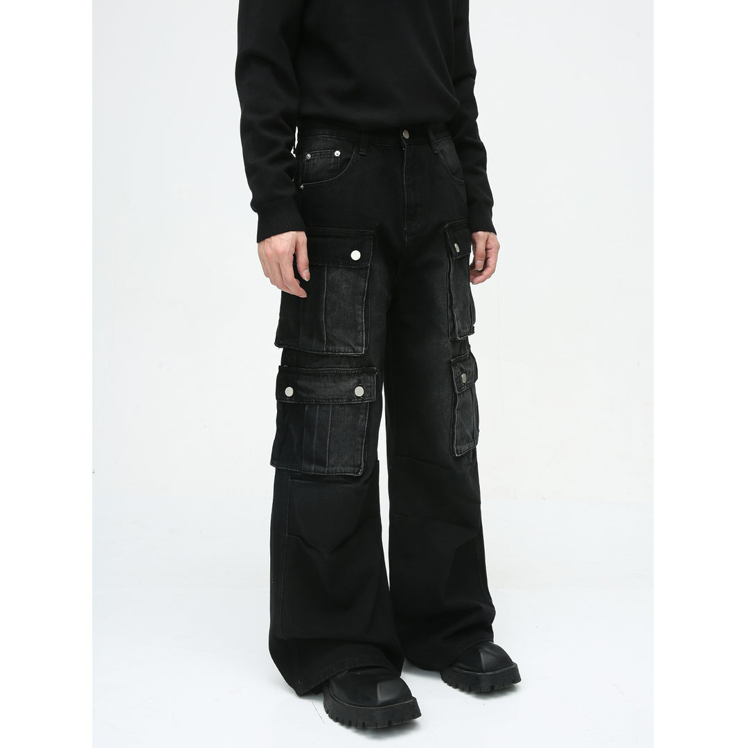 Heavy-Duty Retro Multi-Pocket Cargo-Style Wide-Leg Jeans