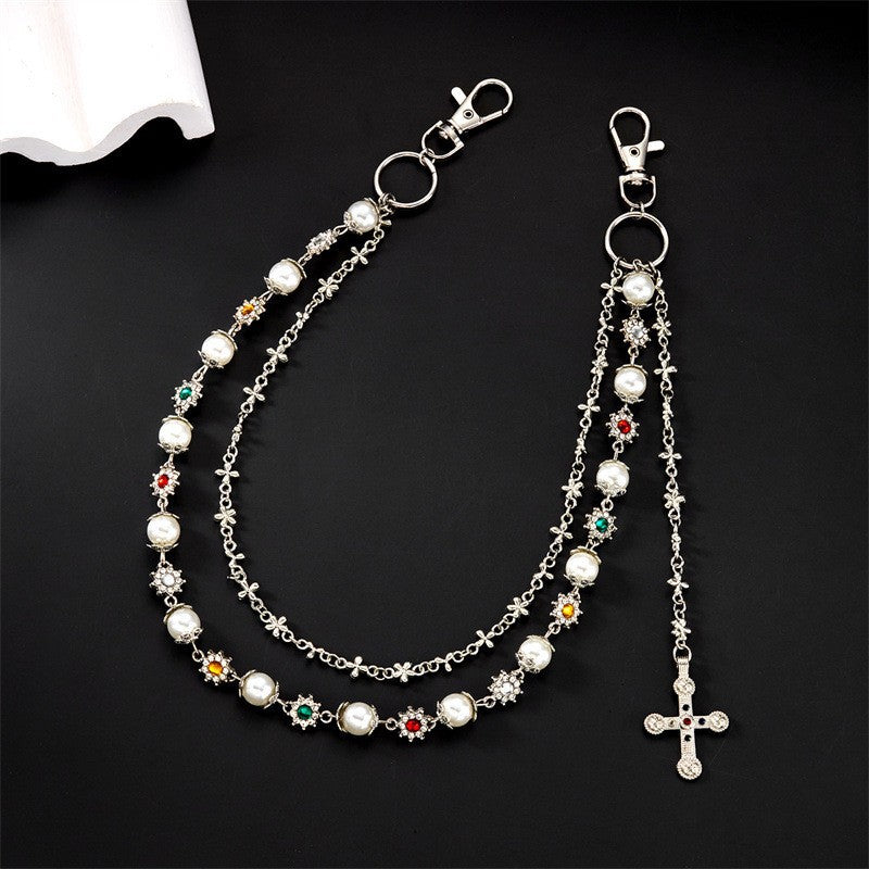 Multi-Color Gemstone, Pearl, and Cross Punk Waist Chain