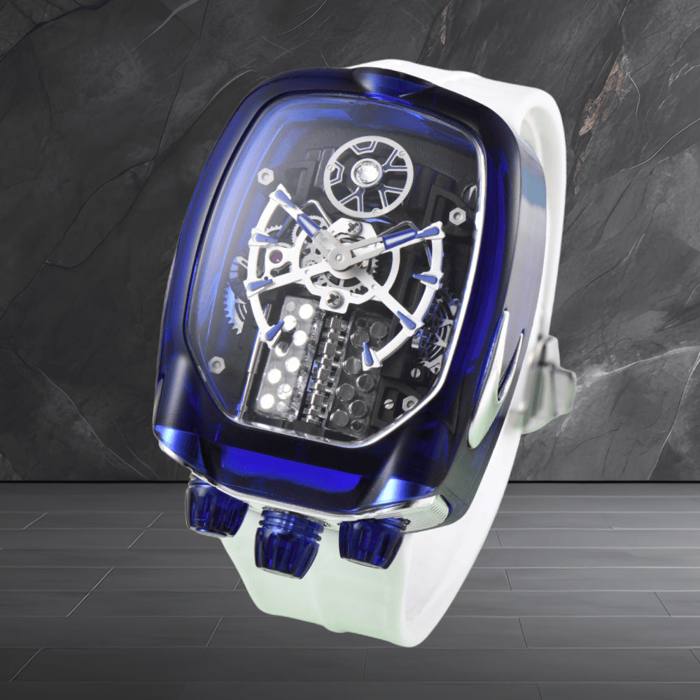W16 Engine-Style Watch with Sparkling Transparent Crystal Case