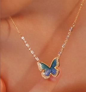 Gradient blue enamel butterfly necklace