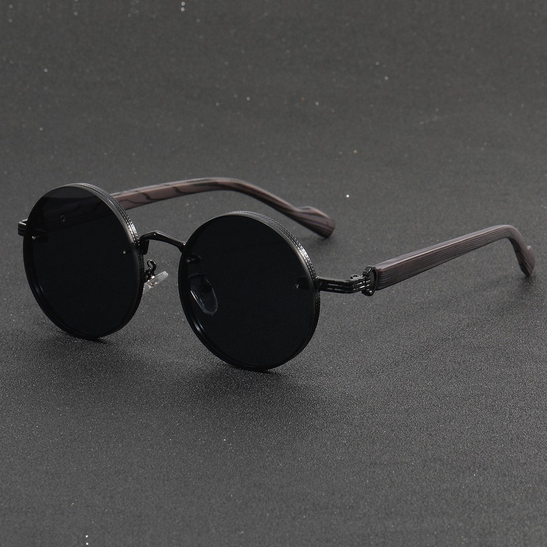 Retro round punk metal sunglasses with wood grain temples