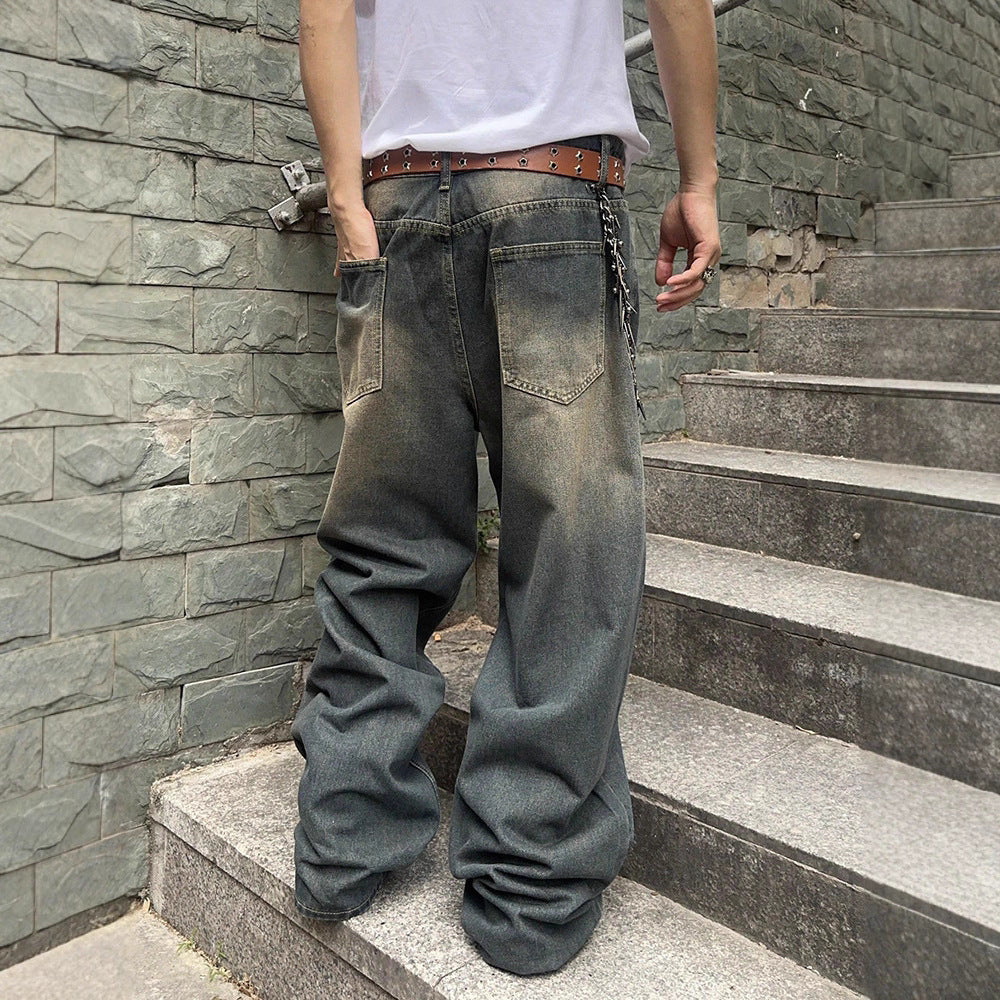 Washed Denim Jeans with a Loose Fit and Wide Legs