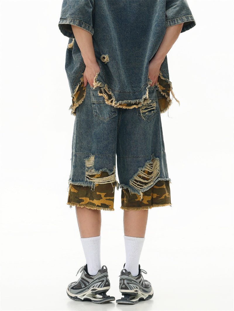 Raw-Hem Leopard-Print Patchwork Denim Shirt & Shorts Set