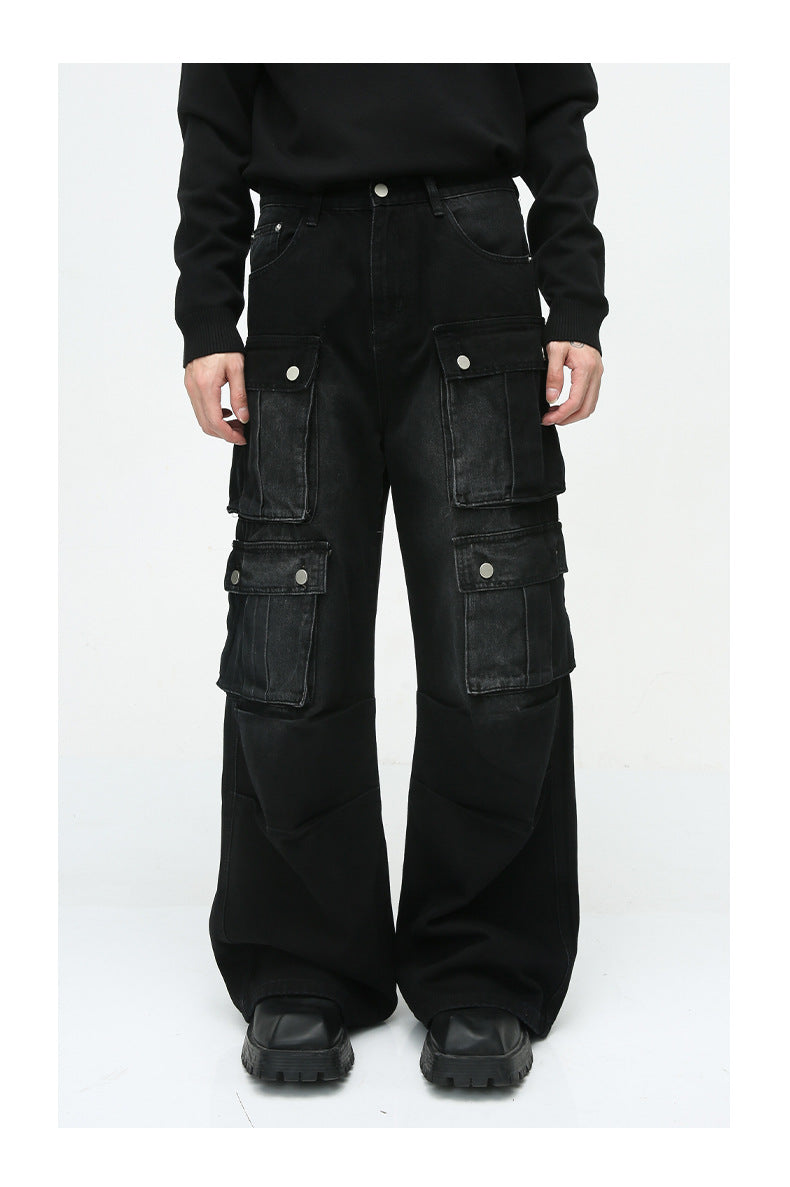 Heavy-Duty Retro Multi-Pocket Cargo-Style Wide-Leg Jeans
