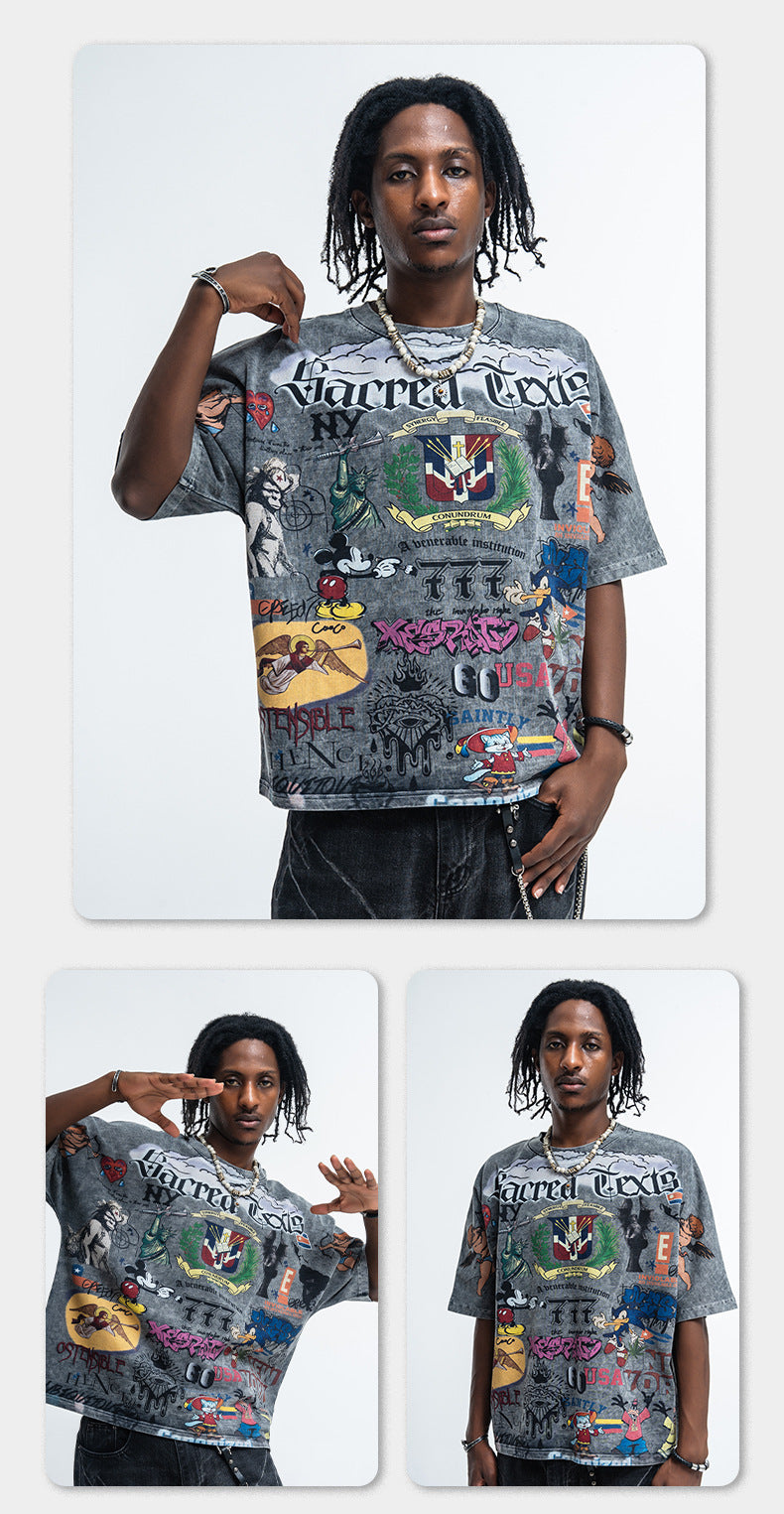 Vintage-Style All-Over Cartoon Print T-Shirt Washed & Distressed