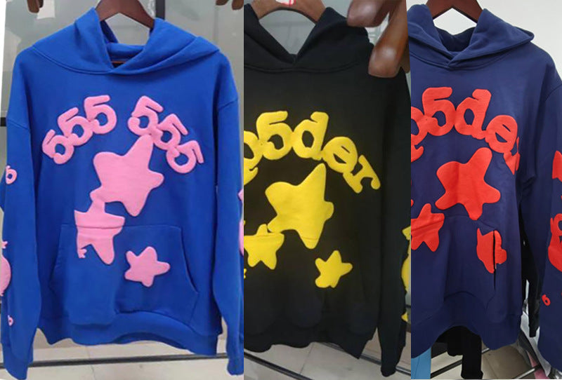 Sp5der fleece-lined hoodie with spiderweb print.