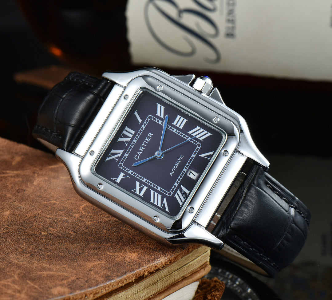 Leather Strap, Three-Hand Quartz Watch with Square Case