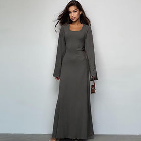 Autumn Fashion Loose U-neck Back Tie Long Sleeve Dress