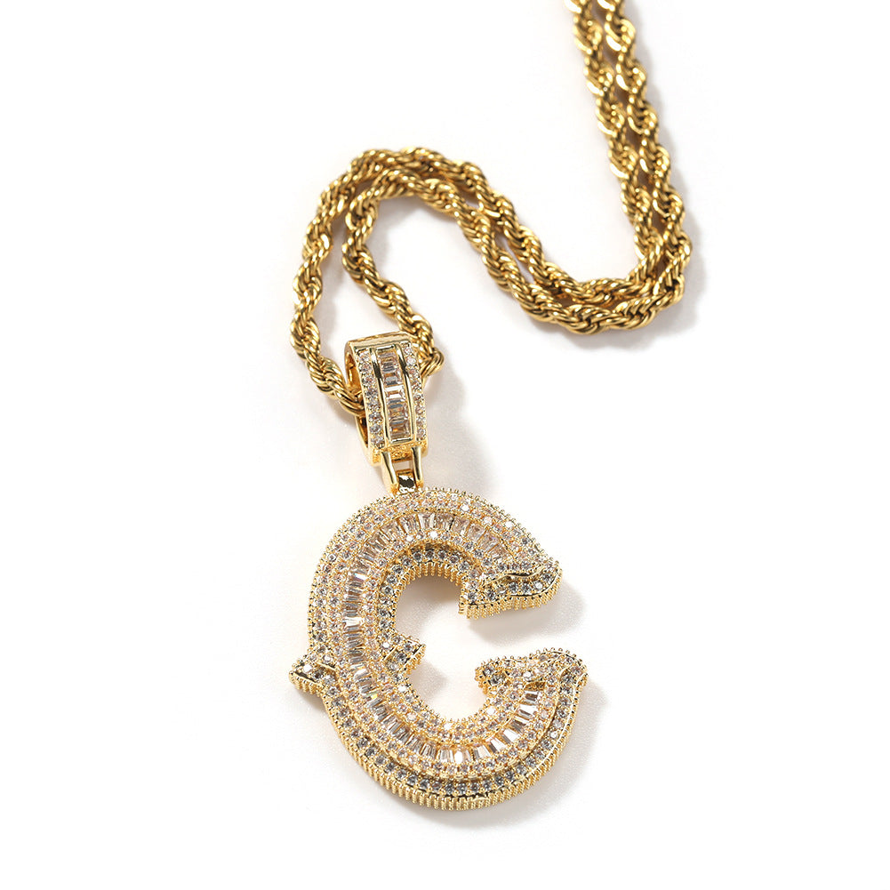 Hip-hop fully diamond-encrusted spiky rock sugar letter necklace
