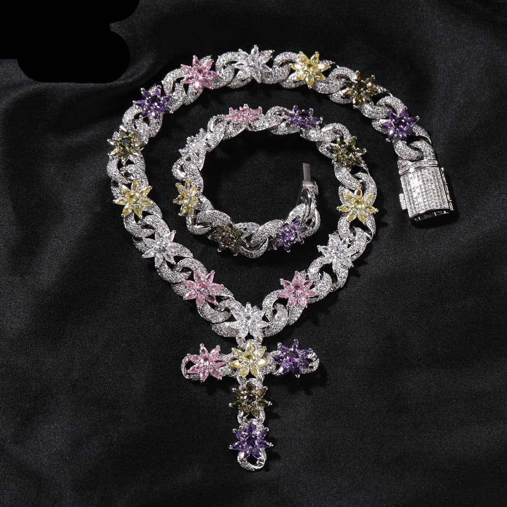 Colorful zircon ice flower cross necklace