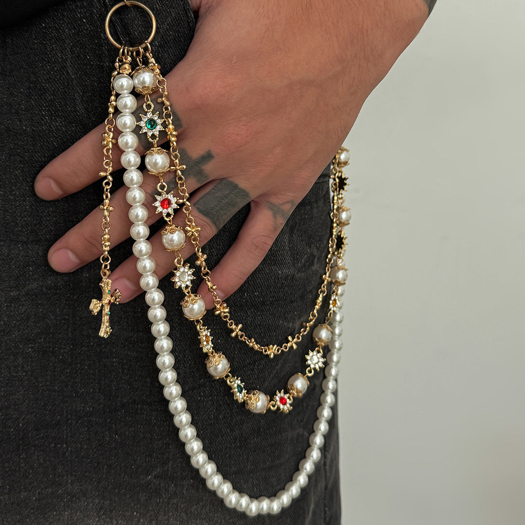 Pearl, Multi-Gemstone, Cross & Floral Pant Chain