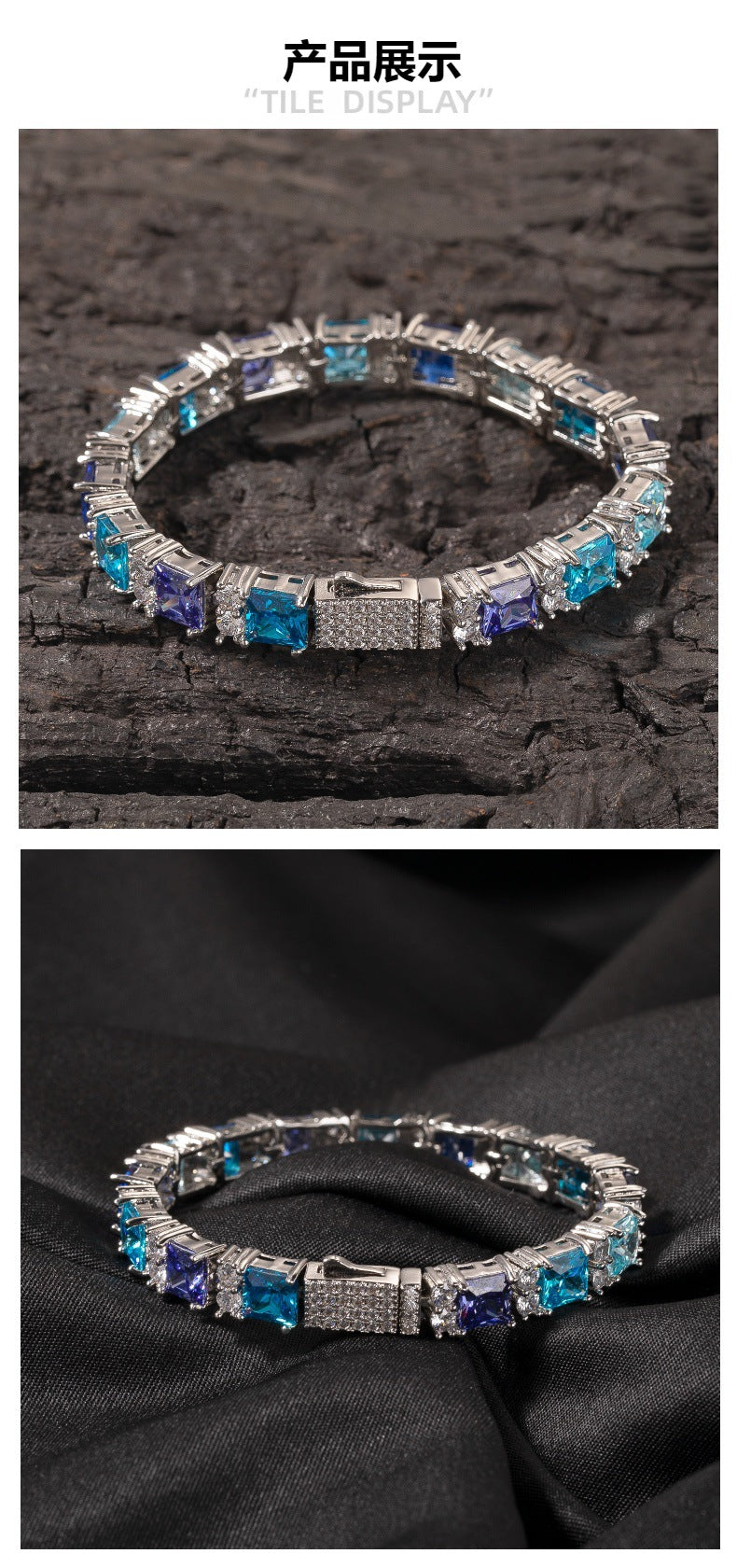 Square bracelet with blue purple gemstones