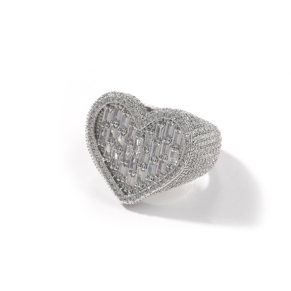 Hip-Hop T-Square & Heart-Shaped Zirconia Ring