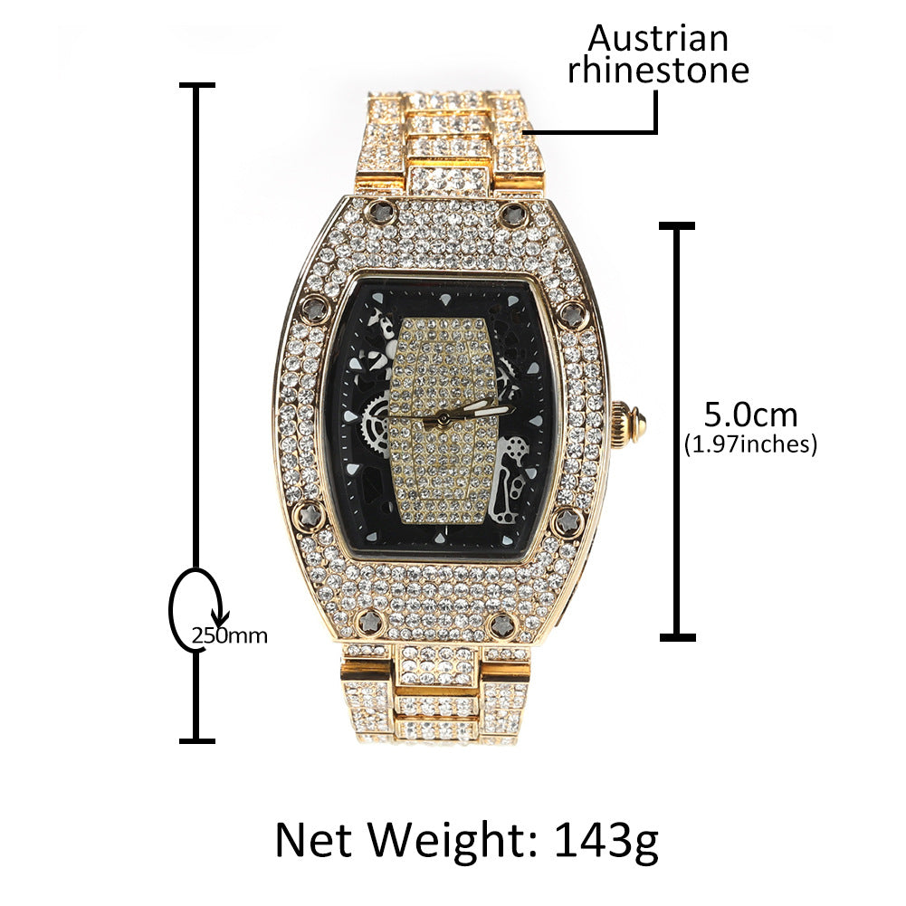 Diamond-set color-blocked hip-hop tonneau-shaped watch
