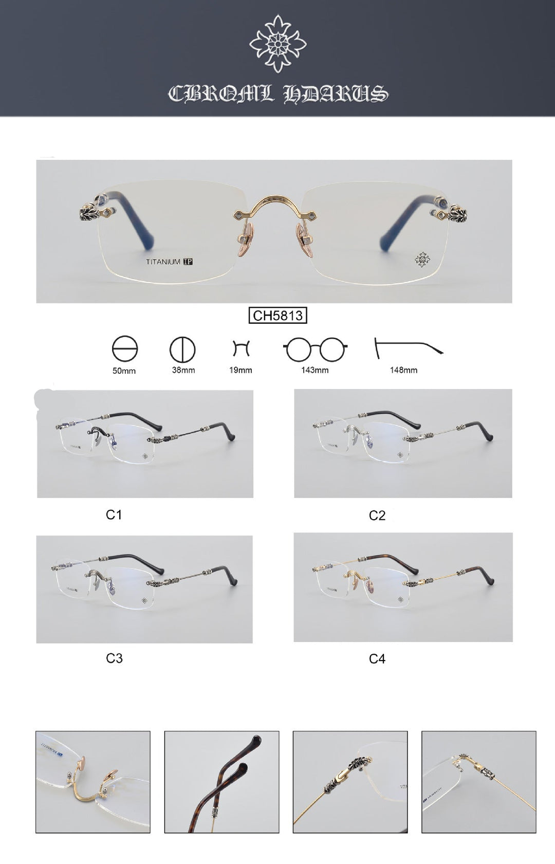 Chrome Hearts rimless pure titanium eyeglasses