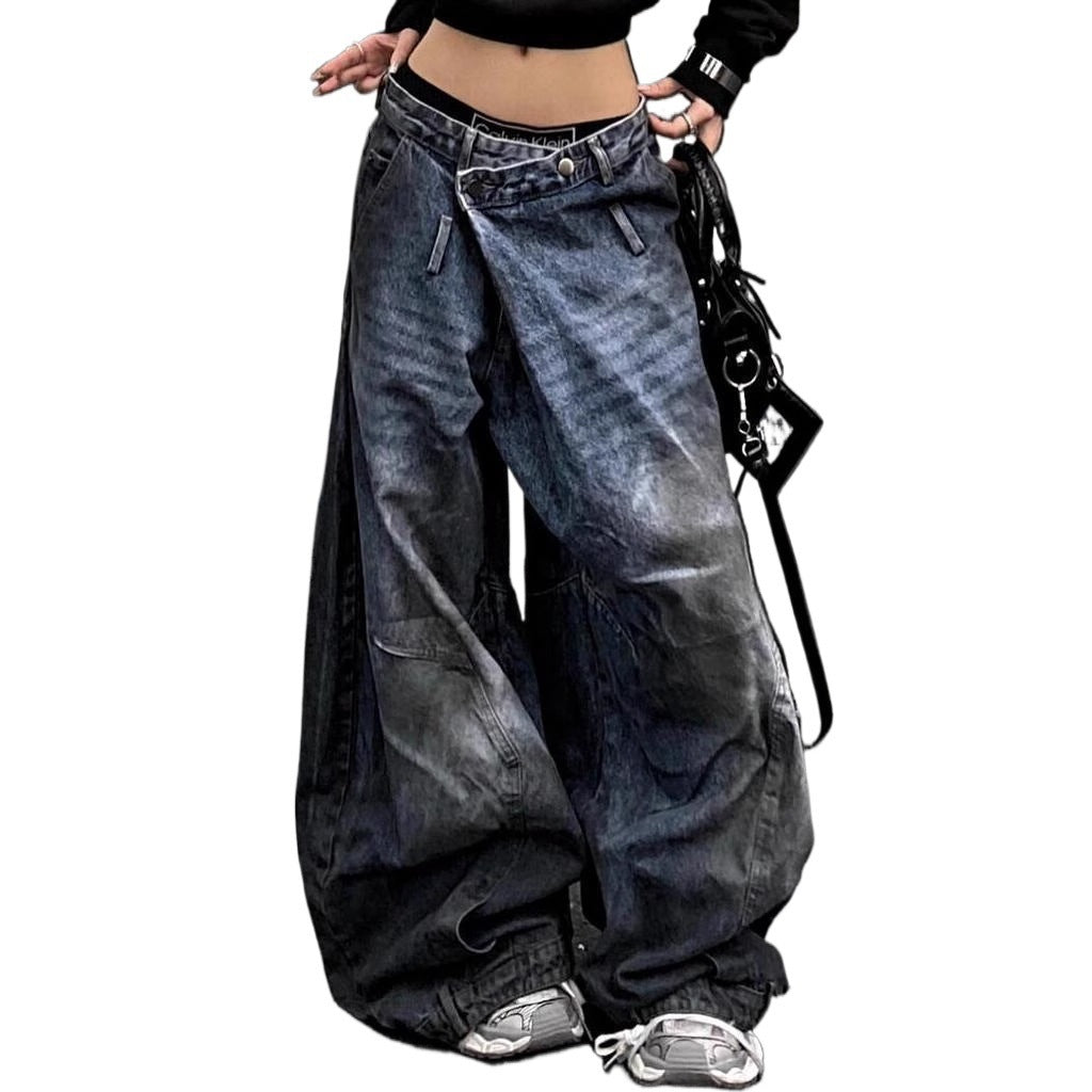 Plus-Size Washed & Distressed Loose-Fit "Curved-Leg" Jeans
