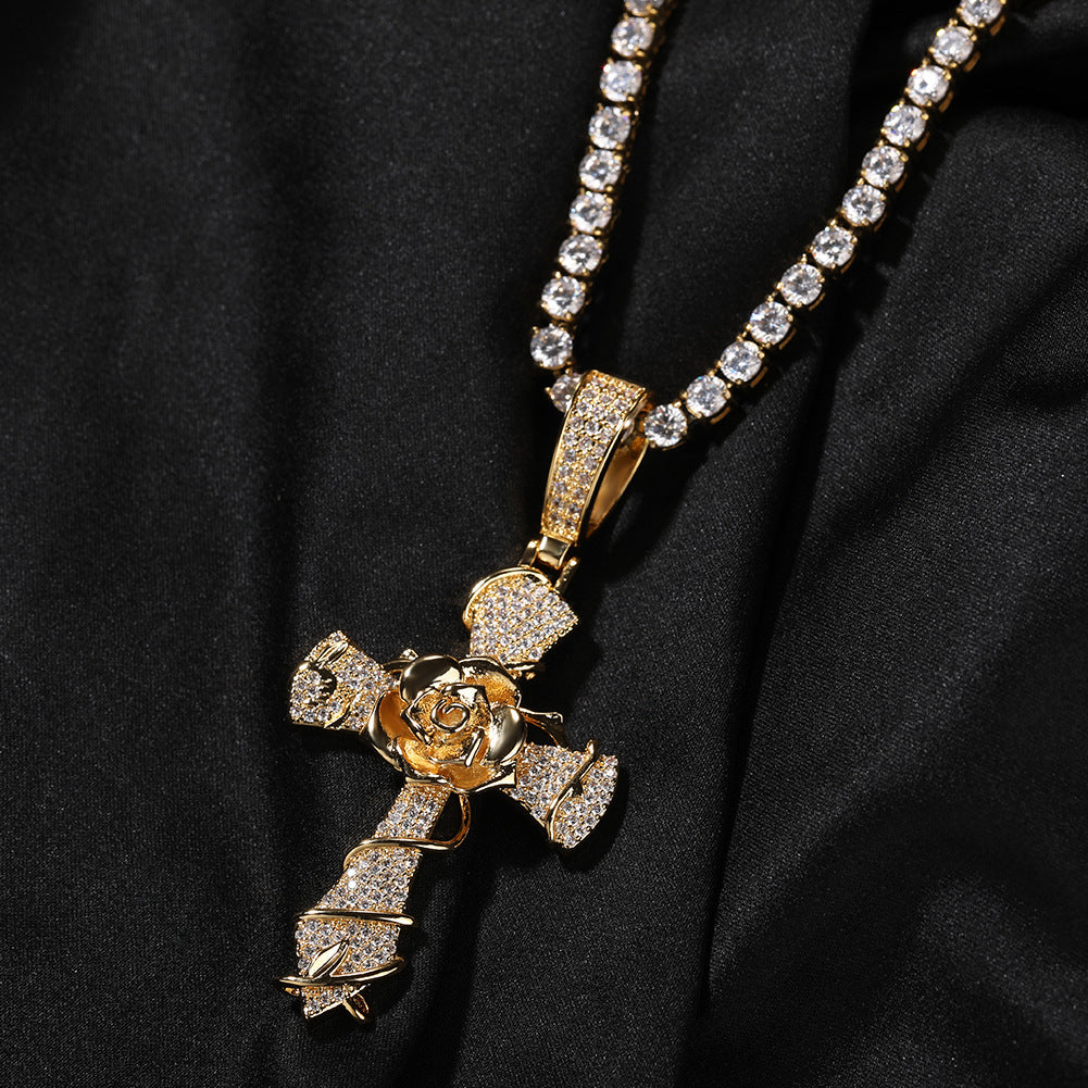 Hip-hop rose cross necklace with 5A zircon inlay