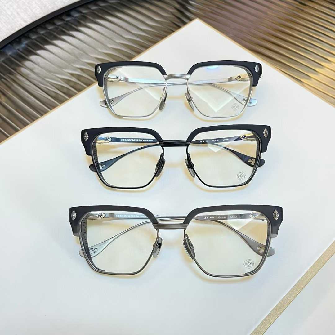 Chrome Hearts thick rimmed hollow out glasses with gold colored legs