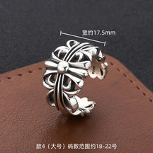 S925 sterling silver chrome hearts cross flower retro open ring