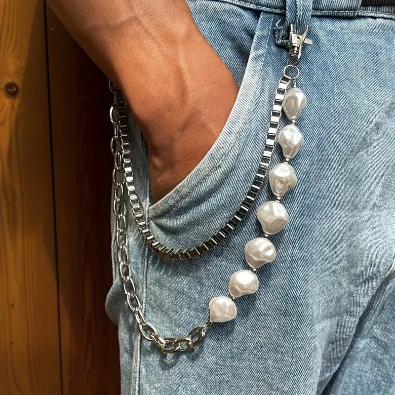 Irregular Pearl & Cuban Link Mixed-Material Punk Waist Chain