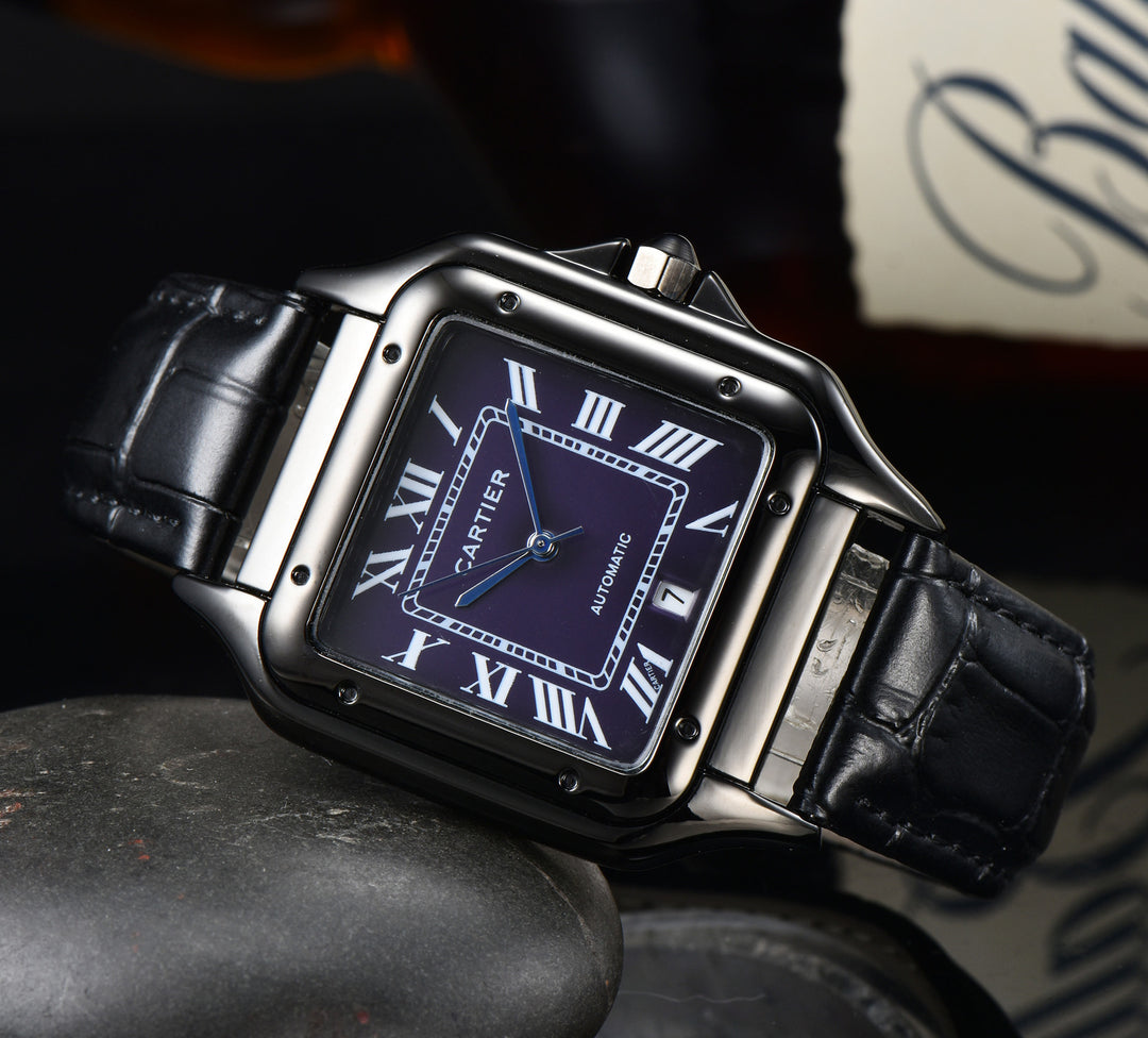 Leather Strap, Three-Hand Quartz Watch with Square Case