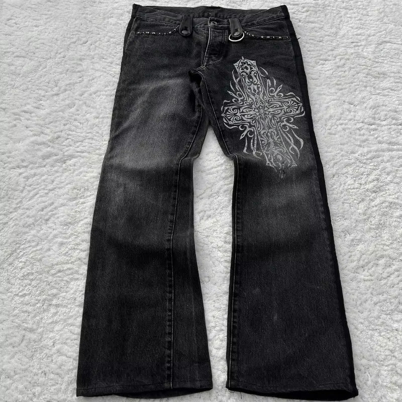 Y2K dark style cross print washed flared jeans