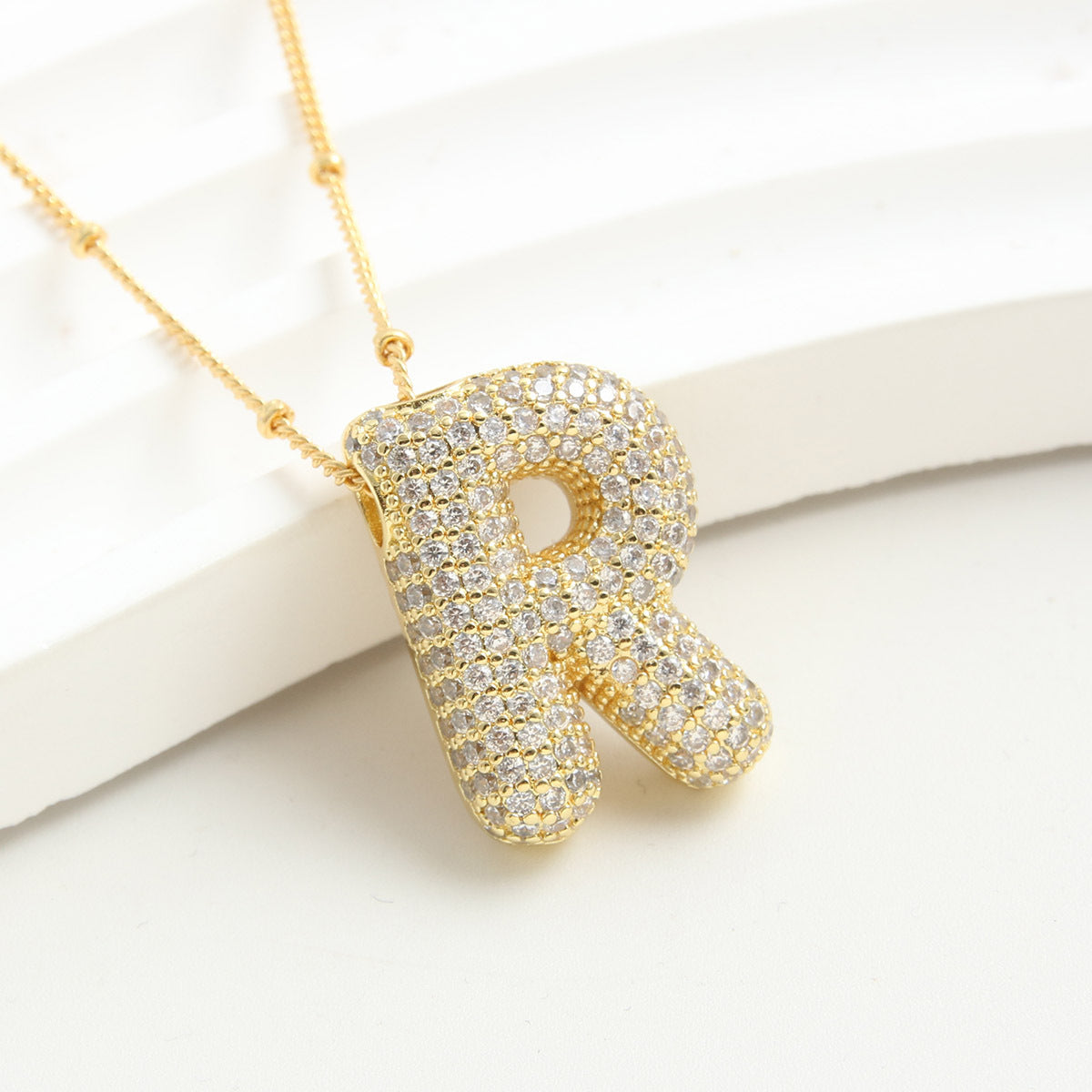 Bubble Initial Necklace 14k Gold Plated Cubic Zirconia