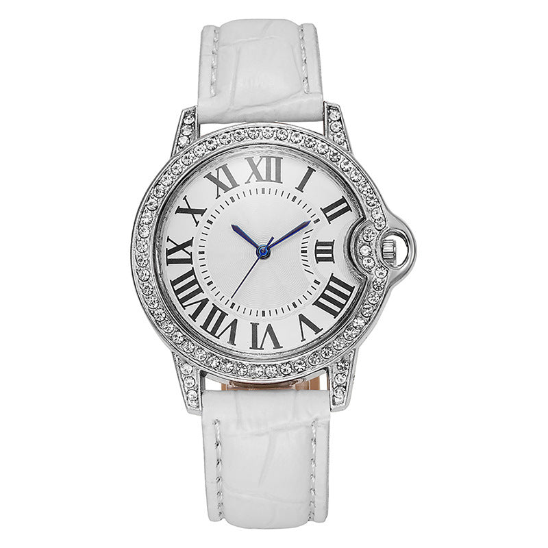 Fashion Diamond-Encrusted Women's Quartz Watch with Leather Strap