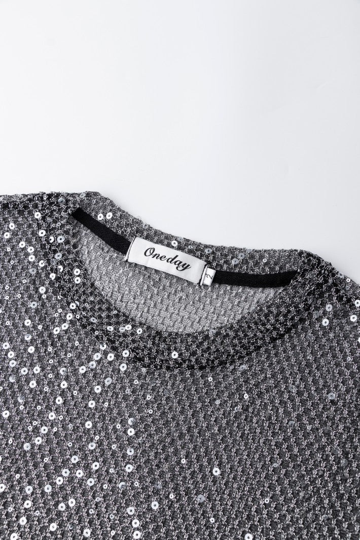 Gold Glittery Sheer Mesh Short-Sleeve T-Shirt