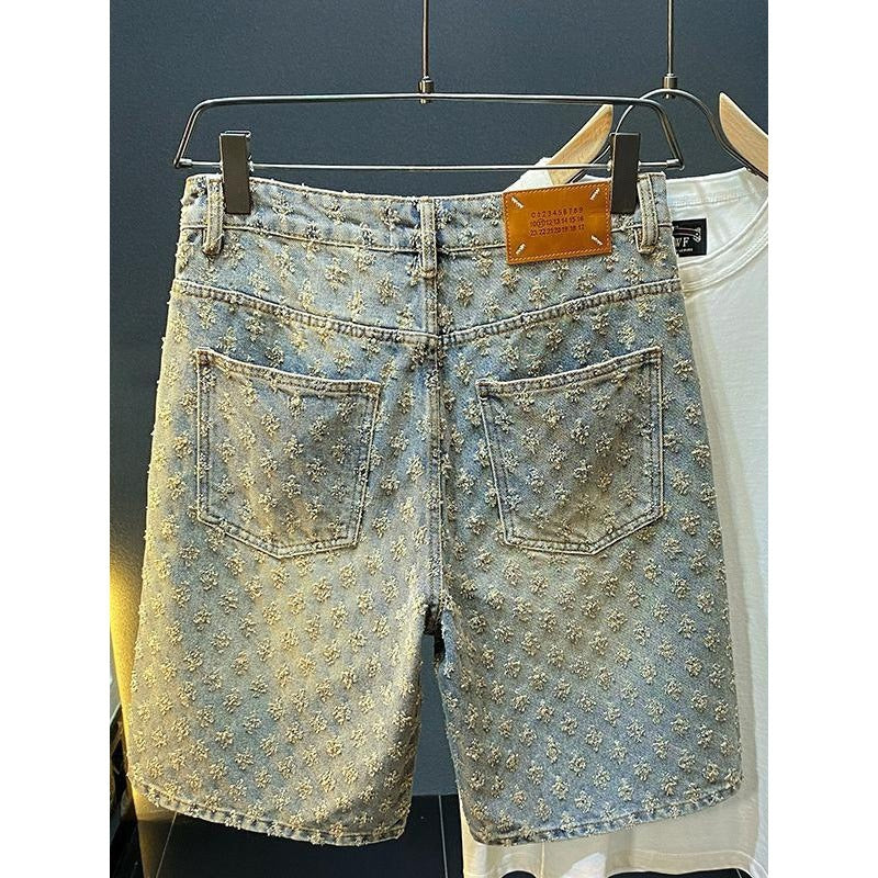 Loose Straight Leg Ripped Jacquard Five-Point Shorts
