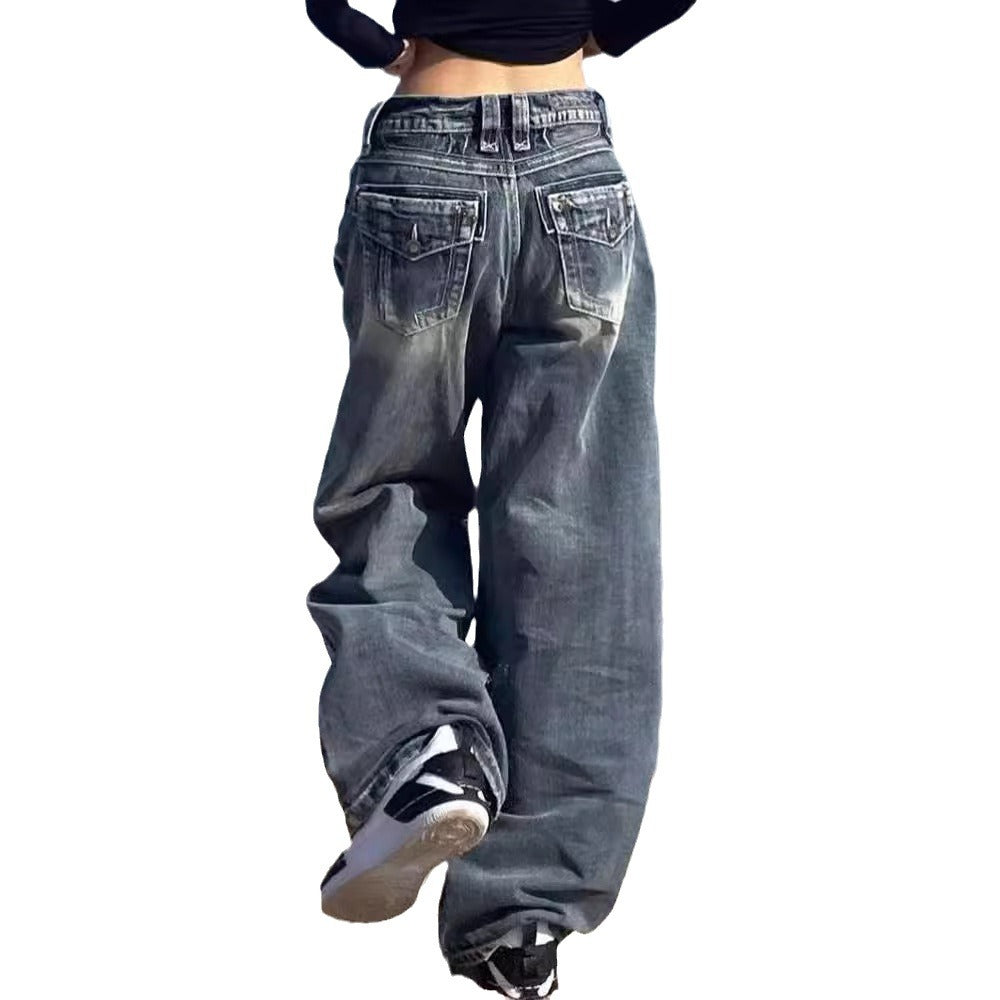 Washed High-Waisted Floor-Length Wide-Leg Jeans for Women