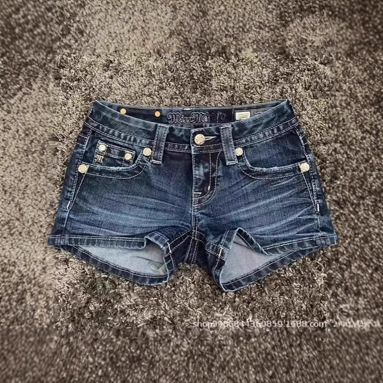 Rhinestone cross pattern embroidered versatile shorts