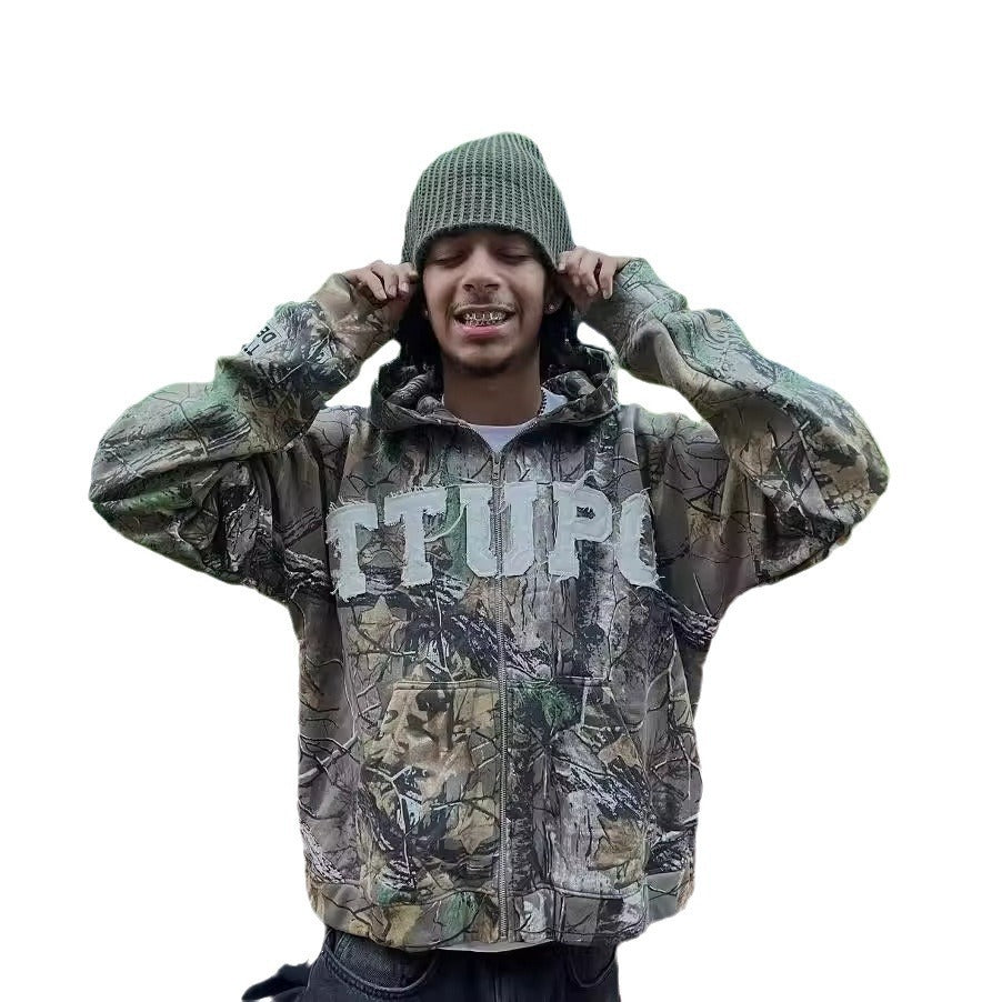 Camouflage cardigan zip-up sweatshirt patchwork letter Y2K jacket