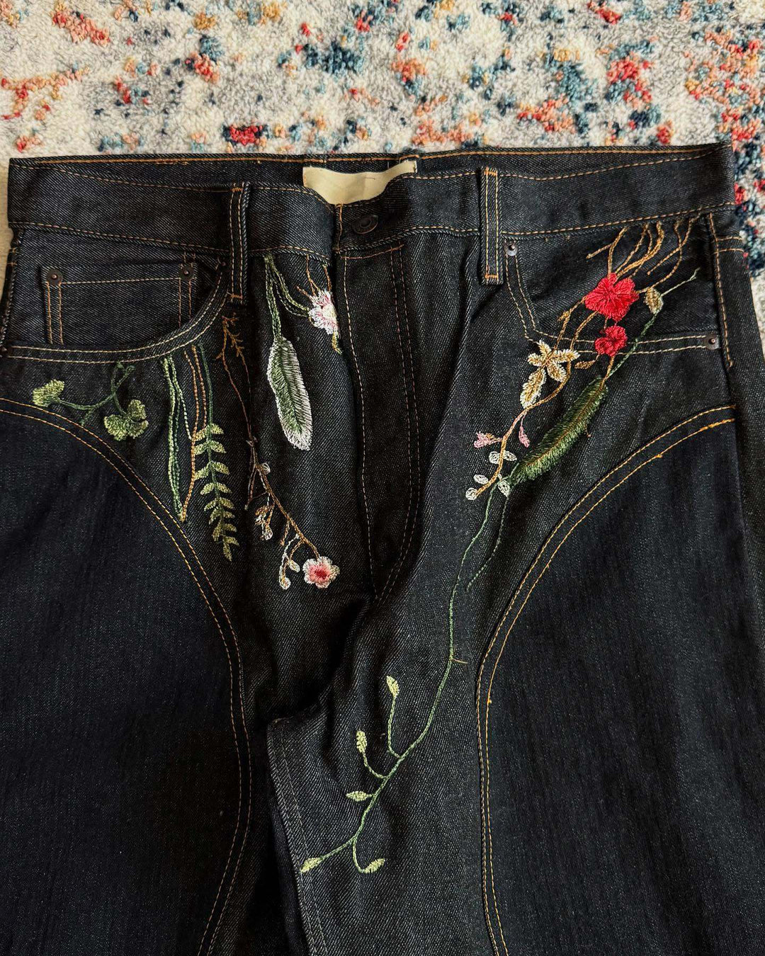 Y2K Loose-Fit Wide-Leg Patchwork Jeans with Floral Embroidery
