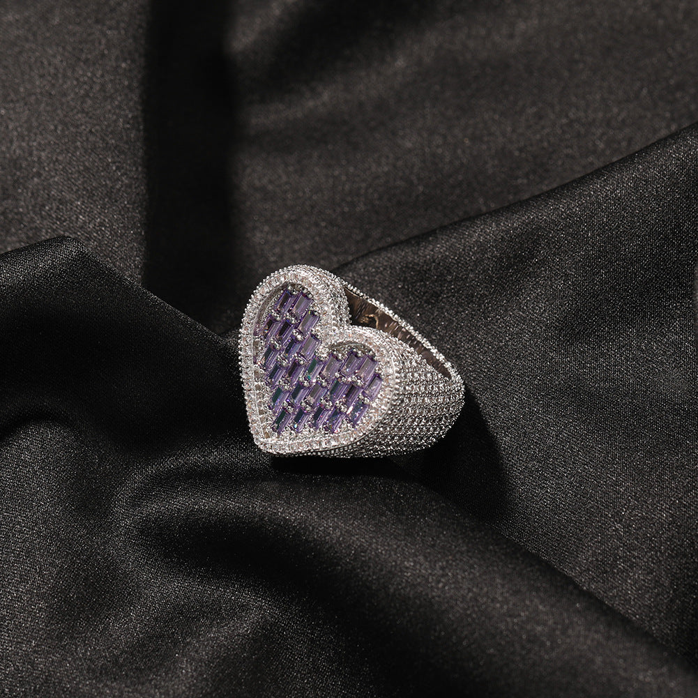 Hip-Hop T-Square & Heart-Shaped Zirconia Ring