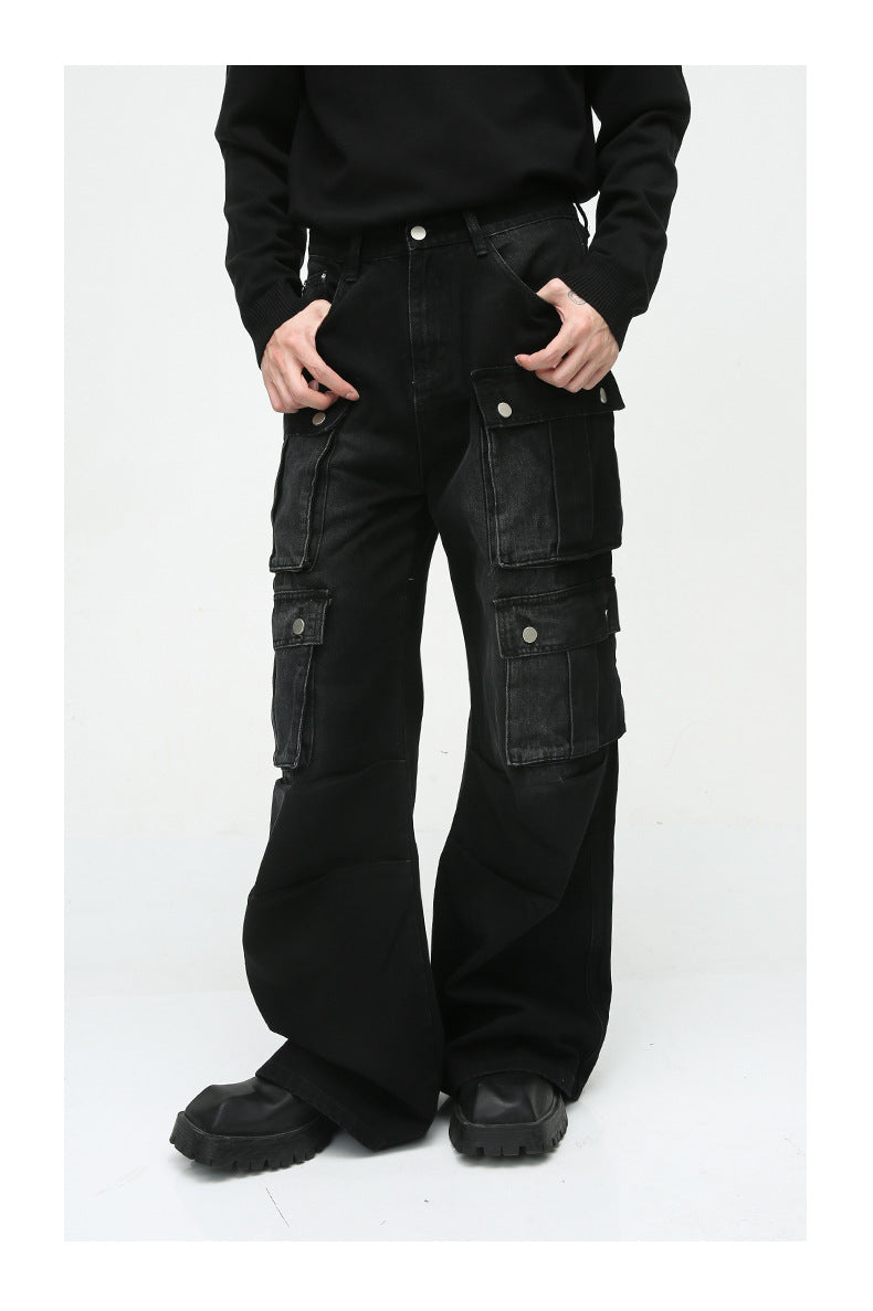 Heavy-Duty Retro Multi-Pocket Cargo-Style Wide-Leg Jeans