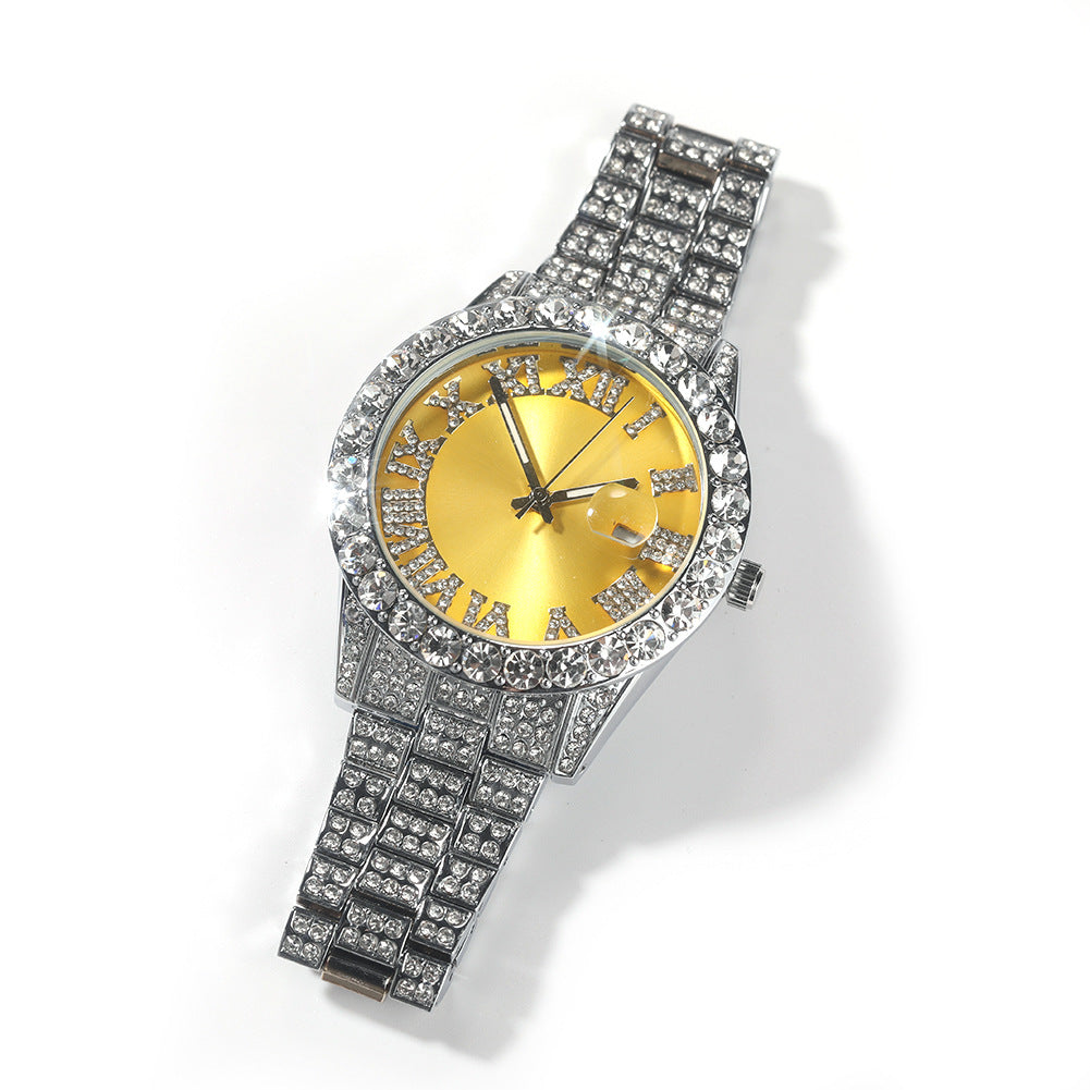 Hip-hop watch with Roman numerals and diamonds, large dial