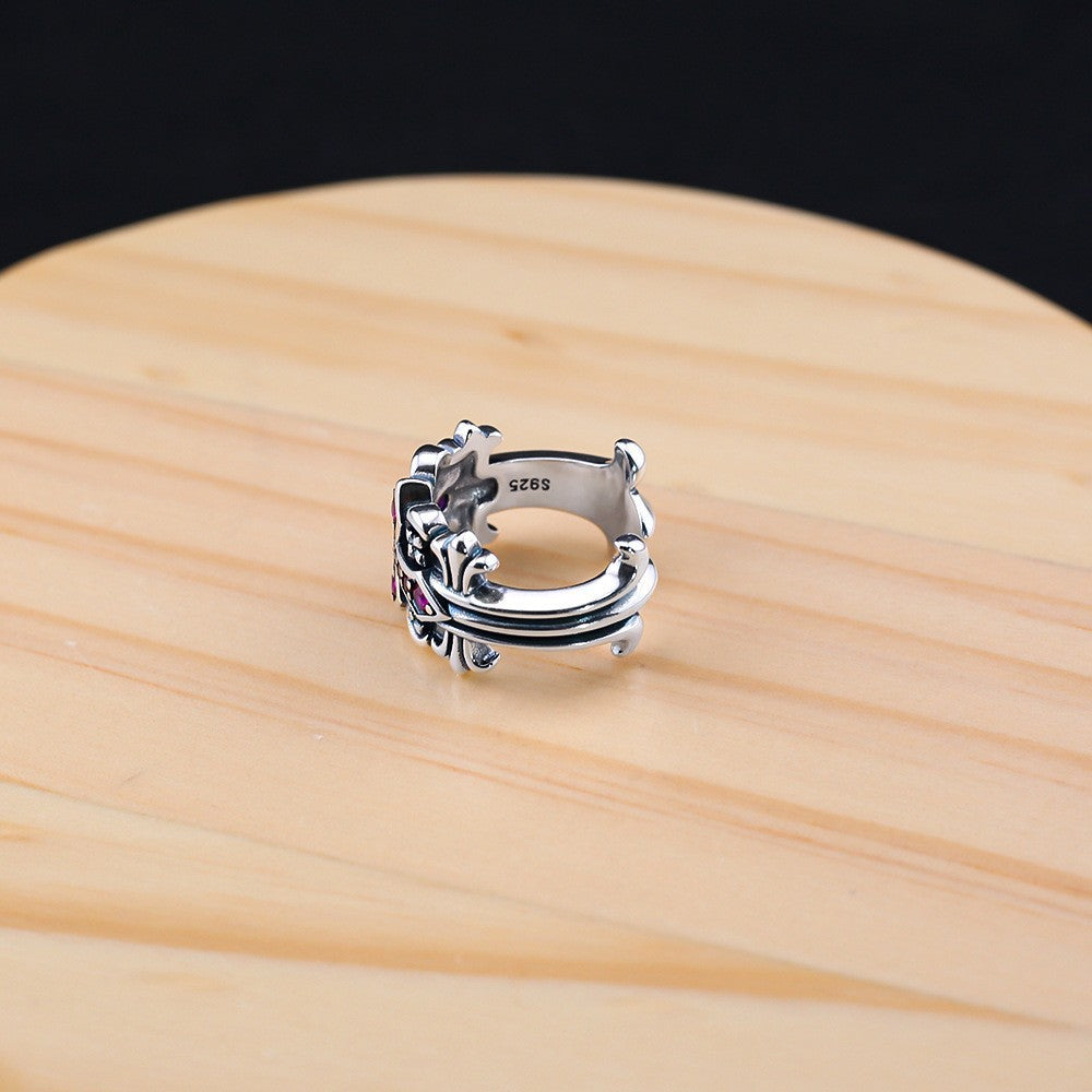 Rose red diamond cross flower open ring