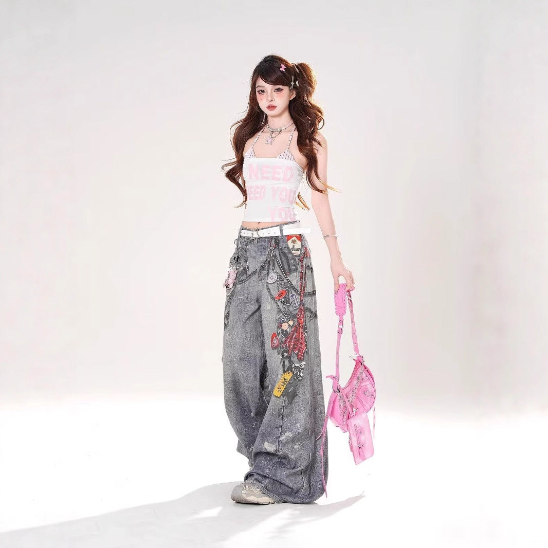 3D Digital Print Straight-Leg Distressed Wide-Leg Jeans