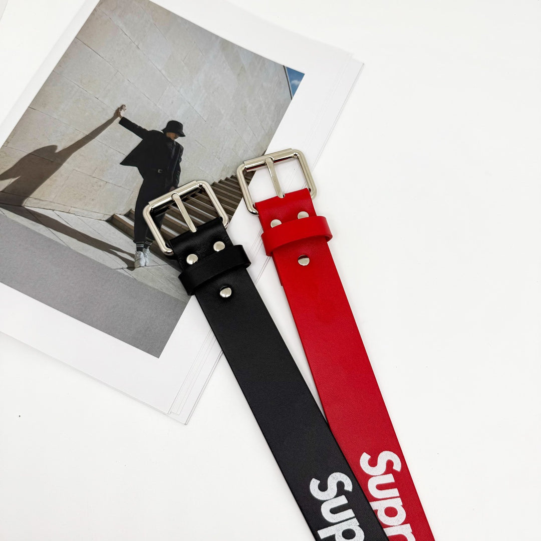 Belt with Letter Print and Metal Buckle