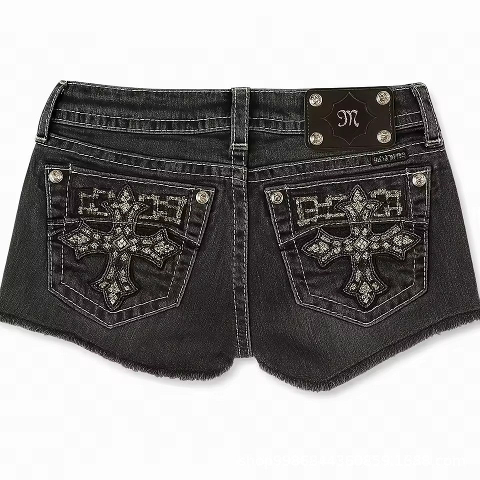 Rhinestone cross pattern embroidered versatile shorts