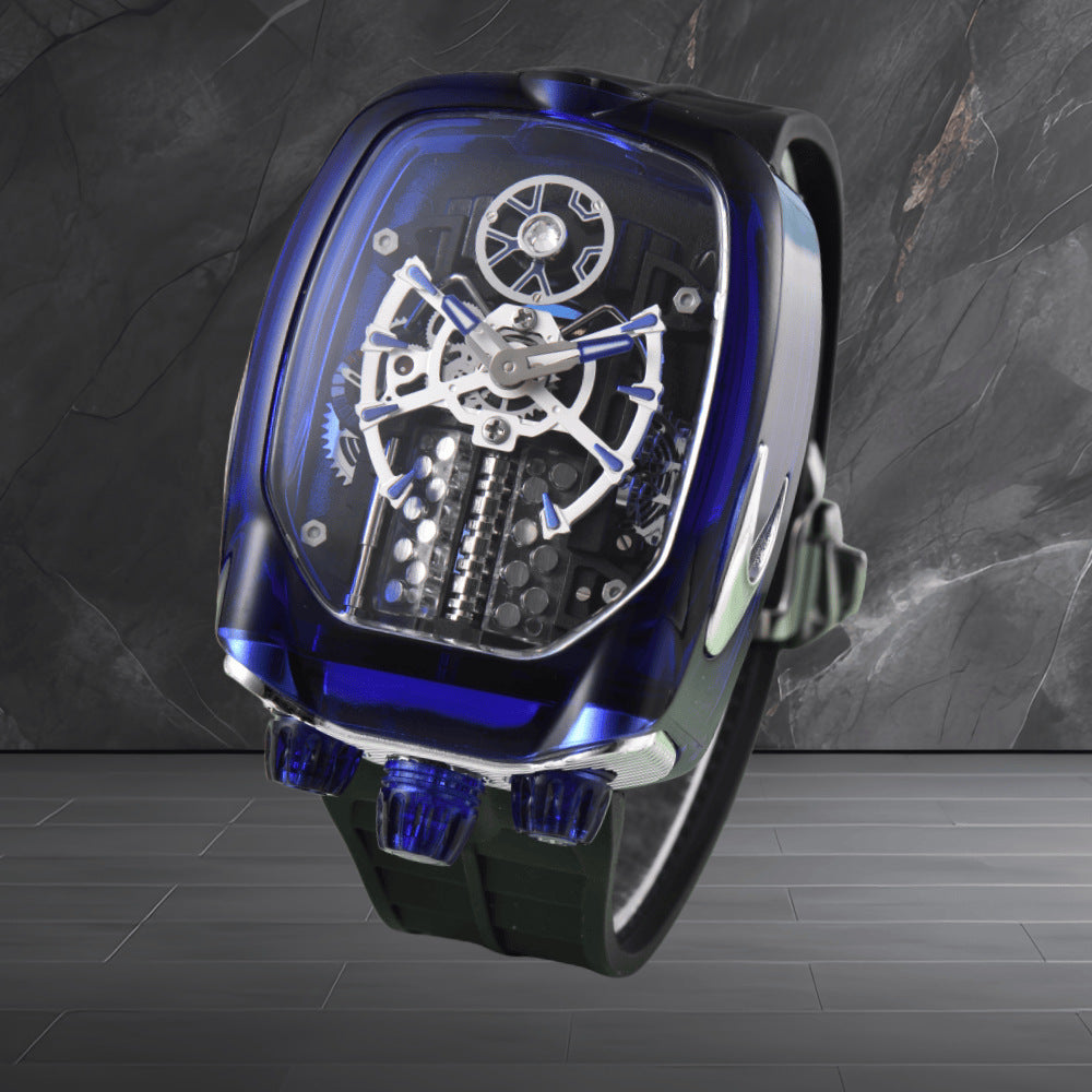 W16 Engine-Style Watch with Sparkling Transparent Crystal Case