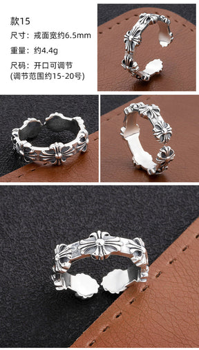 S925 sterling silver chrome hearts cross flower retro open ring