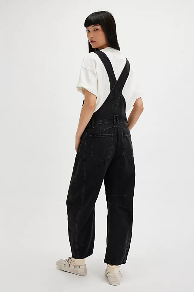 Washed Vintage, Loose-Fit, Straight-Leg Cargo Denim Overalls