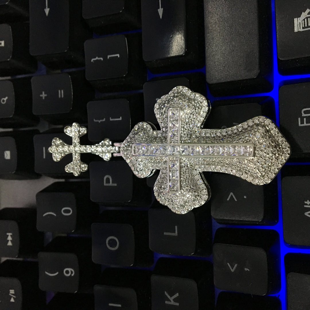 Hip-hop zircon-encrusted couple's necklace with large and small crosses