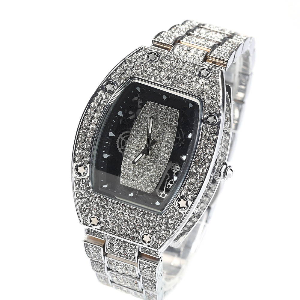 Diamond-set color-blocked hip-hop tonneau-shaped watch